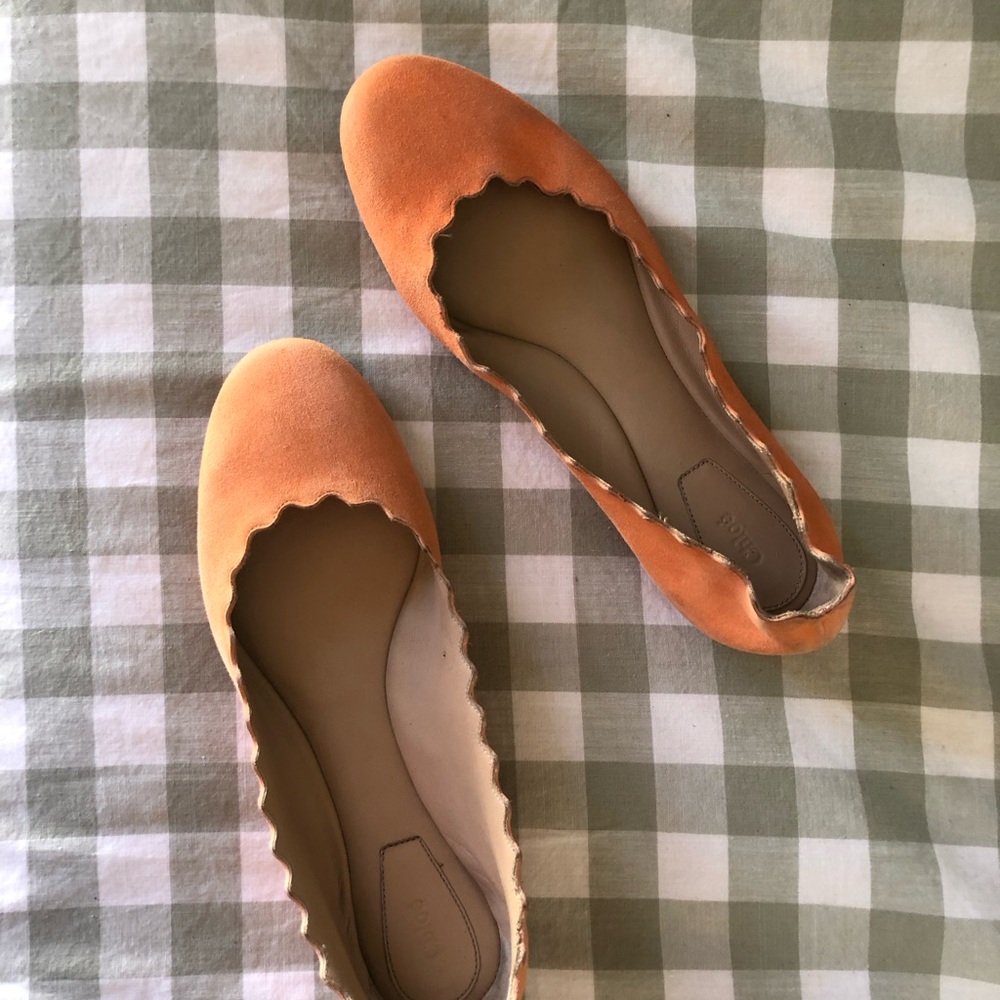 Chloe Orange Suede Scallop-Edge Ballet Flats